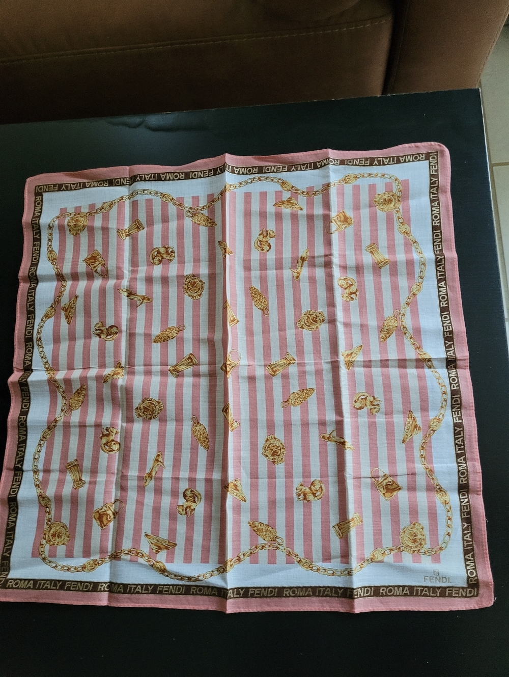 Fendi Pink & White Striped Cotton Scarf with Gold Chain Motifs